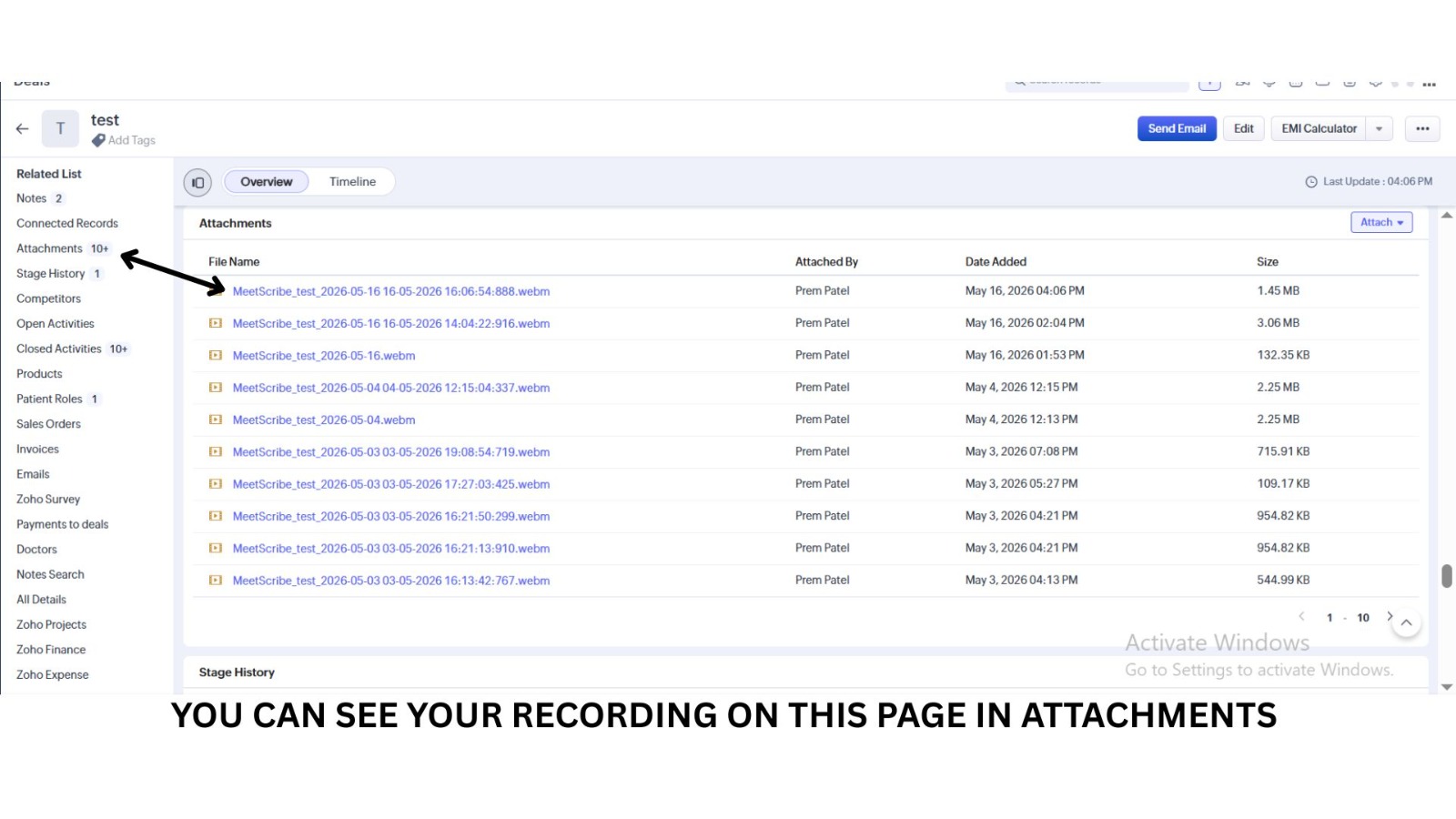Zoho CRM Attachments related list showing multiple MeetScribe .webm audio recordings with timestamps, file sizes, and dates